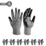 Large - 6 Pairs Grey & Black Nitrile Coated Work Gloves for Men and Women