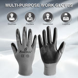 Medium - 12 Pairs Grey & Black Nitrile Coated Work Gloves for Men and Women