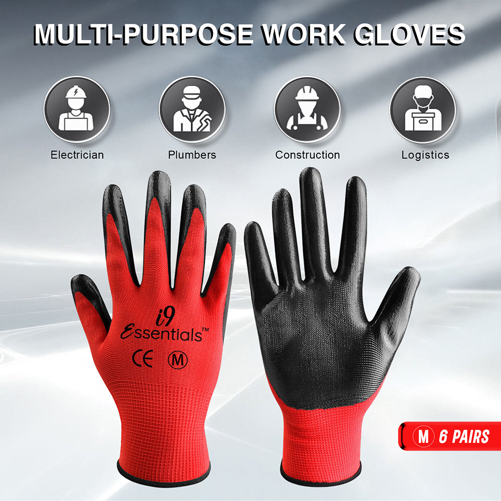 Large - 6 Pairs Red & Black Nitrile Coated Work Gloves for Men and Wom – i9  Essentials