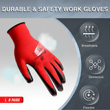 Large - 6 Pairs Red & Black Nitrile Coated Work Gloves for Men and Women