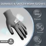 Medium - 6 Pairs Grey & Black Nitrile Coated Work Gloves for Men and Women