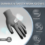 Large - 6 Pairs Grey & Black Nitrile Coated Work Gloves for Men and Women