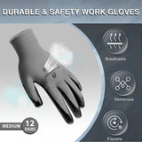 Medium - 12 Pairs Grey & Black Nitrile Coated Work Gloves for Men and Women