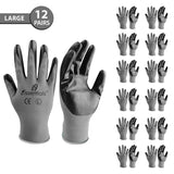 Large - 12 Pairs Grey & Black Nitrile Coated Work Gloves for Men and Women