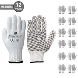 Medium - 12 Pairs White Cotton PVC Dotted Work Gloves for Men and Women