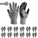 Medium - 12 Pairs Grey & Black Nitrile Coated Work Gloves for Men and Women