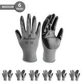 Medium - 6 Pairs Grey & Black Nitrile Coated Work Gloves for Men and Women