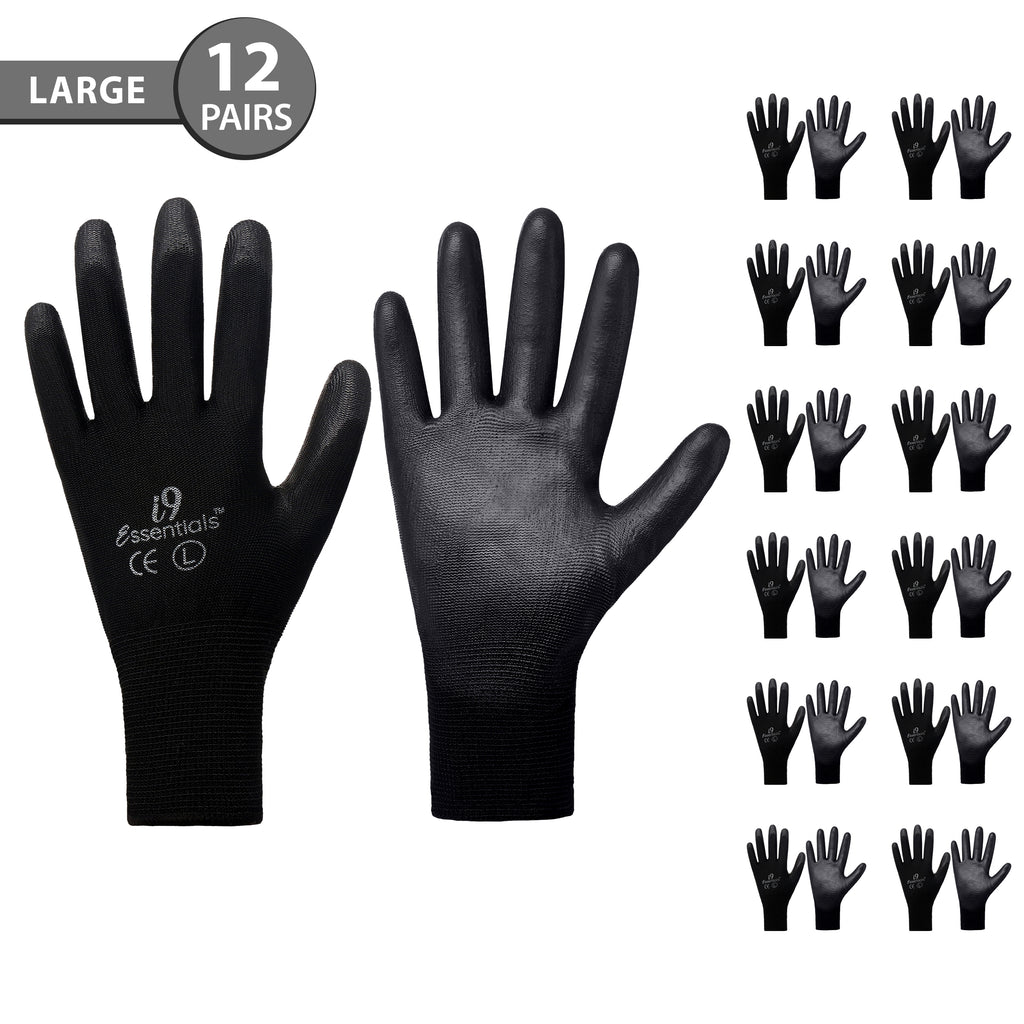 Large - 12 Pairs Black PU Coated Work Gloves for Men and Women – i9 ...