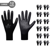 Large - 12 Pairs Black PU Coated Work Gloves for Men and Women