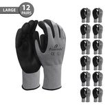 Large - 12 Pairs Grey & Black Micro-Foam Nitrile Coated Work Gloves for Men and Women