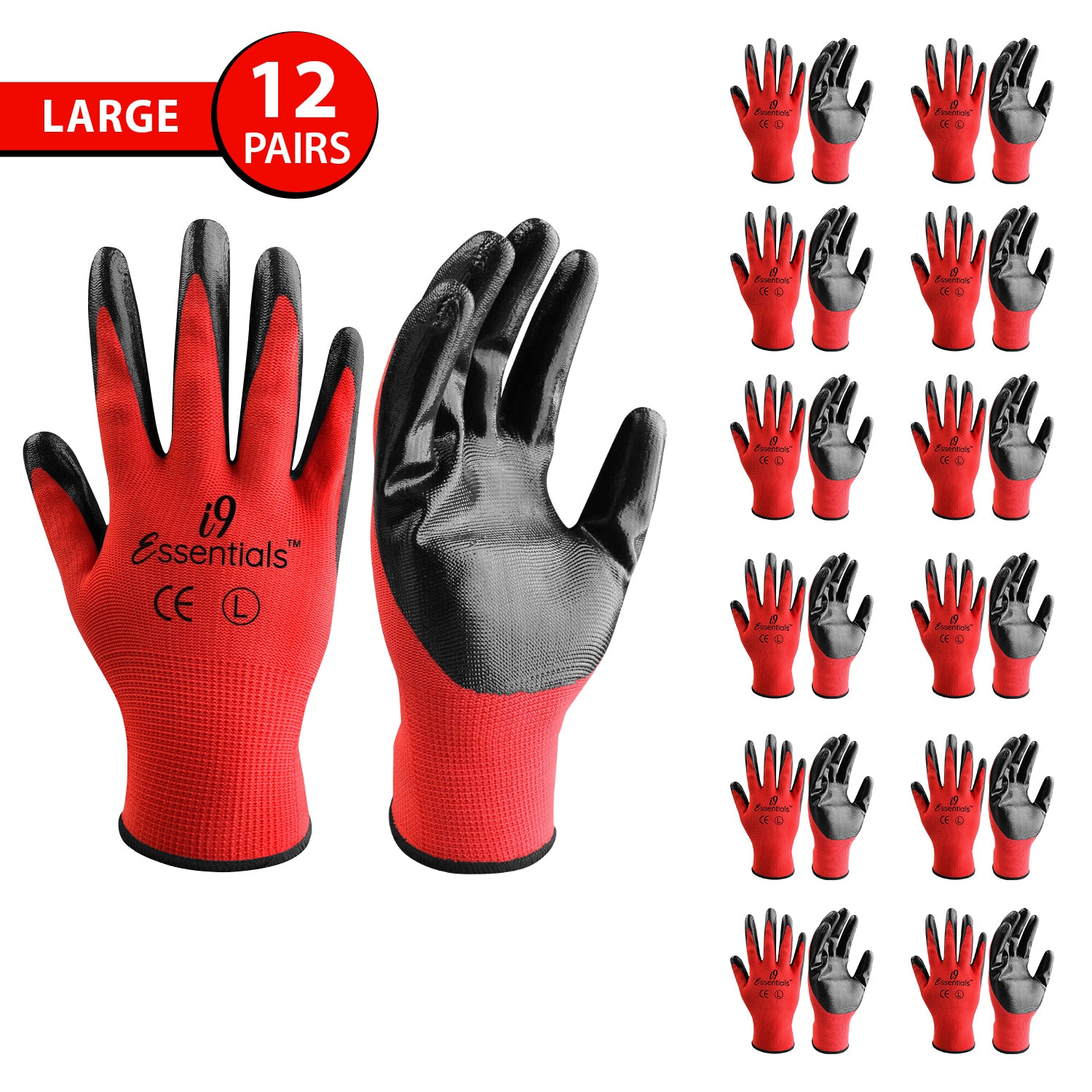 Large - 12 Pairs Red & Black Nitrile Coated Work Gloves for Men and Wo – i9  Essentials