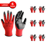 Large - 6 Pairs Red & Black Nitrile Coated Work Gloves for Men and Women