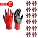 Medium - 12 Pairs Red & Black Nitrile Coated Work Gloves for Men and Women