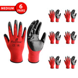 Medium - 6 Pairs Red & Black Nitrile Coated Work Gloves for Men and Women