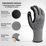 Large - 12 Pairs Grey & Black Touchscreen Compatible Micro-Foam Nitrile Coated Work Gloves for Men and Women