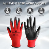 Large - 12 Pairs Red & Black Nitrile Coated Work Gloves for Men and Women