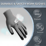 Large - 12 Pairs Grey & Black Nitrile Coated Work Gloves for Men and Women