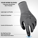 Large - 12 Pairs Grey & Black Touchscreen Compatible Micro-Foam Nitrile Coated Work Gloves for Men and Women