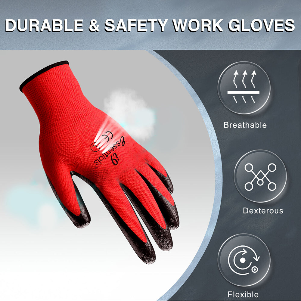 Large - 12 Pairs Red & Black Nitrile Coated Work Gloves for Men
