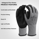 Large - 12 Pairs Grey & Black Micro-Foam Nitrile Coated Work Gloves for Men and Women