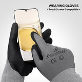 Large - 12 Pairs Grey & Black Touchscreen Compatible Micro-Foam Nitrile Coated Work Gloves for Men and Women