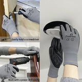 Large - 12 Pairs Grey & Black Nitrile Coated Work Gloves for Men and Women